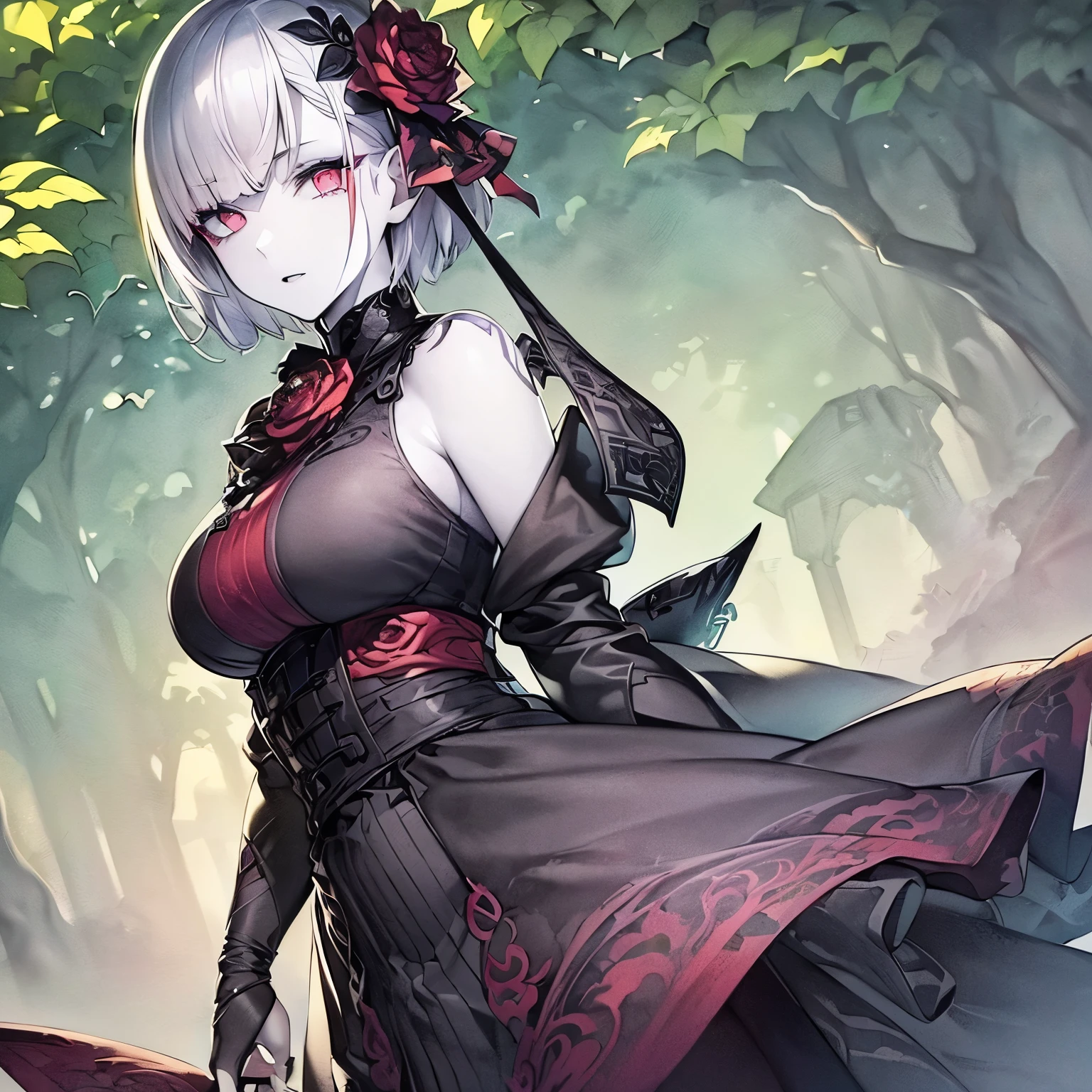 1SOLOfemale Drow elf purple skin, Full body, masterpiece, female standing pose (yellow tiger bikini) red cape, red bikini, long white hair, strong body, abs, shiny skin, sunglasses, FEMALE, big breasts, voluminous breasts, curvy breasts, mesh stockings, standing with a bouquet (red roses) full height, bottom view, best quality, very detailed, ultra 8k resolution, huge breast, coat , vest, long skirt, portrait, full body, Victoria's clothing, long dress, knight, pants, black skin suit, medieval city, plants, vest, polo shirt, forest, long skirt