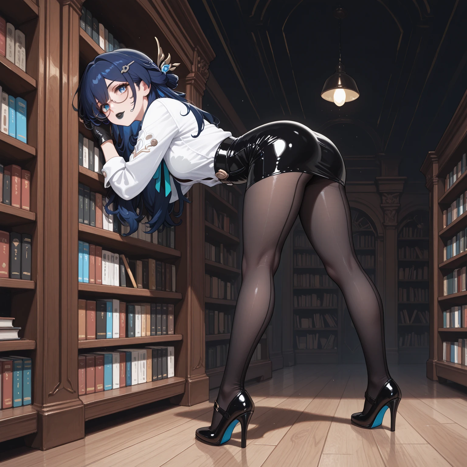 araffe in a blue bikini and high heels is sitting on a platform, sexy pose, very sexy pose, curvy accentuated booty, on top of it, on her knees, on knees, thicc, pawg, big booty, teal, photo from behind, scantily clad, perfectly poised, bright blue shiny lingerie, beautiful pose, thicc, big ass, big butt, gaze, looking at the camera, red lips, high heels, red eyes, horn, two horns,