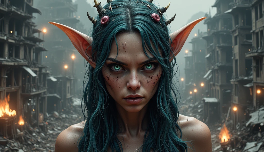 Cyan haired woman with horns, red highlighted skin, with yellow eyes, with beautiful elf dark circles, and with your beautiful and perfect mouth it would be, com um belo cachicou branco