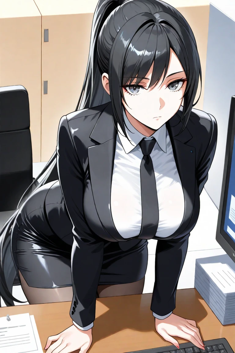 juri han, work of art, tight white secretary shirt with black tie, black high waist skirt, short skirt,stocking, black hair, black tights,evil smile,office,franja nos olhos,iluminação,chifre de cabelos,visão de cima,olhando para cima