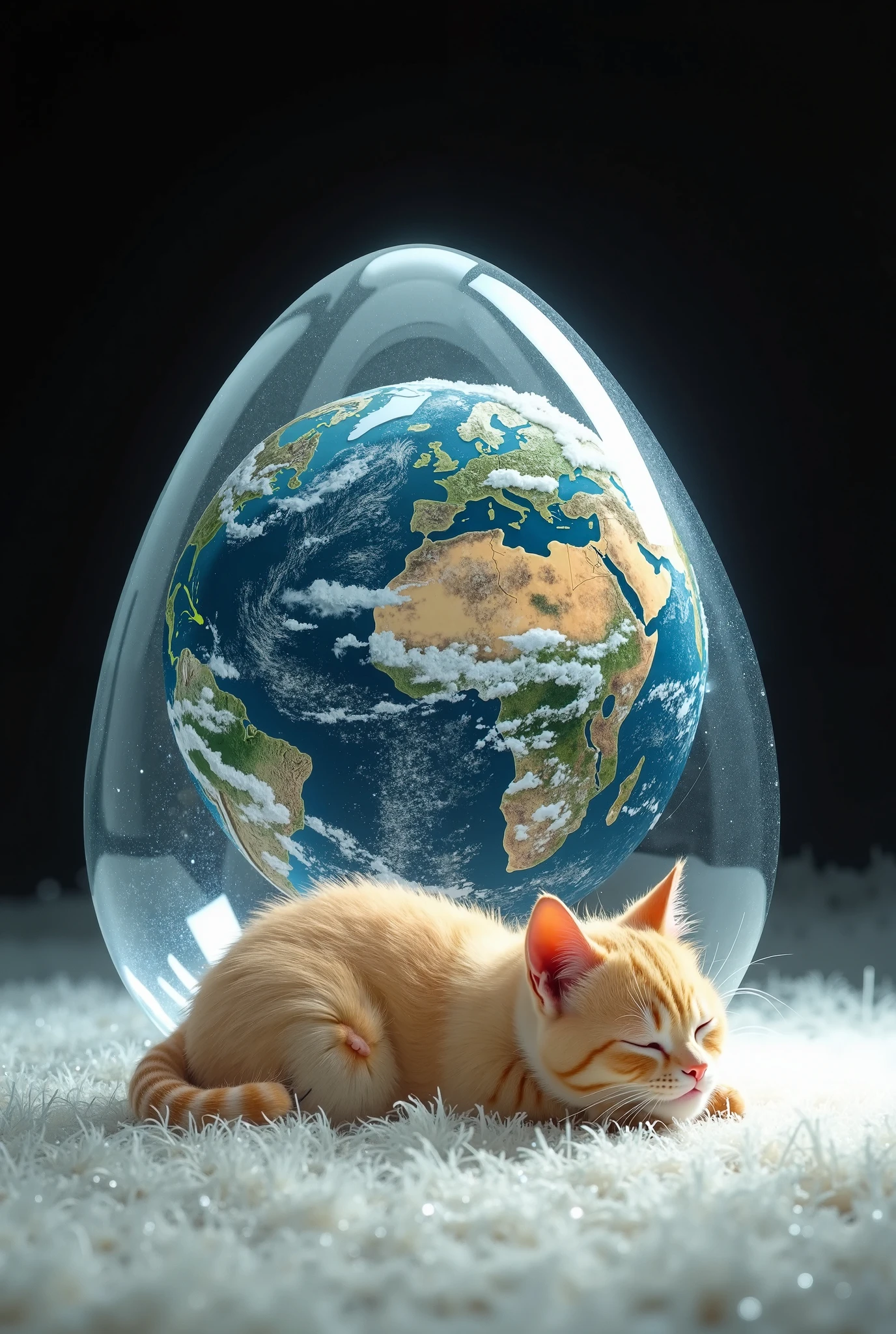 (cartoon giant cat, Sleeping on the ground), Earth is inside a clear crystal Easter egg, The surface of the egg is crystal clear, Light sparkles and subtle reflections, (The Earth inside is vivid and realistic, Continents and clouds are clearly visible), The background is soft and fuzzy, white ground and black background