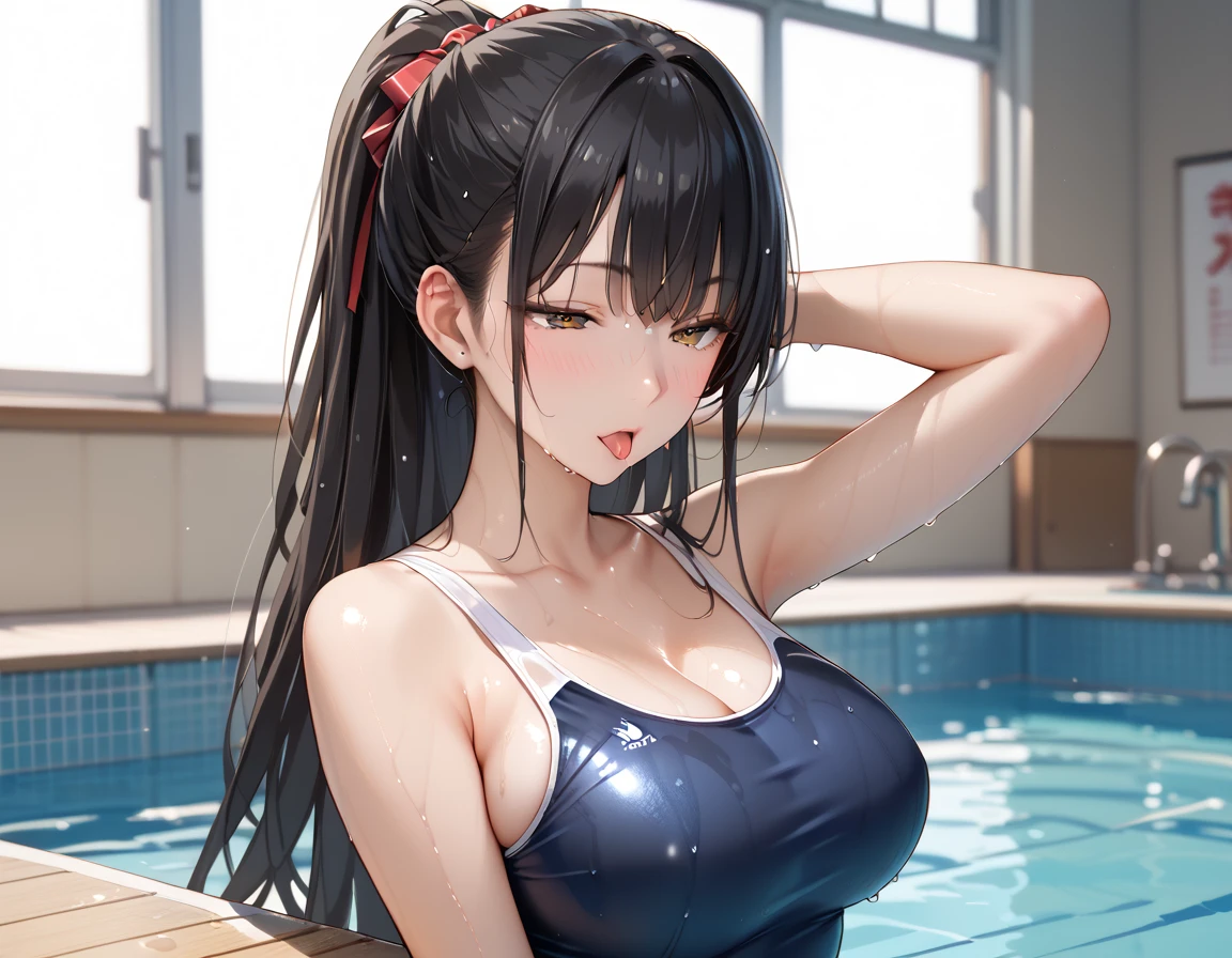 Unreal Engine 5 Realistic Rendering, Wearing a wet uniform T-shirt and skirt, Korean Model, bangs, Beautiful Face, The upper body is super realistic with thick muscles and super maximum_chest!! chestのタイプ_melon, Huge butt underneath, Wet and shiny body