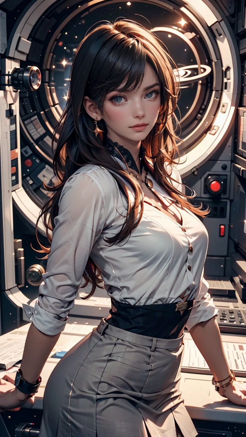 ((((masterpiece, Best Quality, High resolution)))), extremely detailed 8K, sexy Beautiful 21 years old lady with slim body, (Ultra HD, Ultra-detailed, Highly detailed, Highly realistic, Ultra-realistic, photos realistic),{ deep depth of field, (god ray:1.2), (bounced front lighting:1.1), (soft diffused lighting:1.6) } (1girl:1.5), brown long wavy hair, (dynamic sexy poses), (very delicate and natural hair:1.3), facing at camera, light smile, (big firm breasts: 1.2), (very delicate and natural face, very delicate and natural eyes:1.3),(very delicate and natural clothes:1.2),(wearing police officer's uniform, chests button not fastened, chests part of uniform widely open, breasts visible:1.6) (pink nipples pointing:1.3), Glow, very Sweat, (rays of sunshine, Sunlight), sexy long legs,Sexy, Blushing, (ultra realistic wide landscape, photogenic scenery:1.1), modern big fancy city, standing inside of dark interrogation room, very windy day, hair blowing in the wind