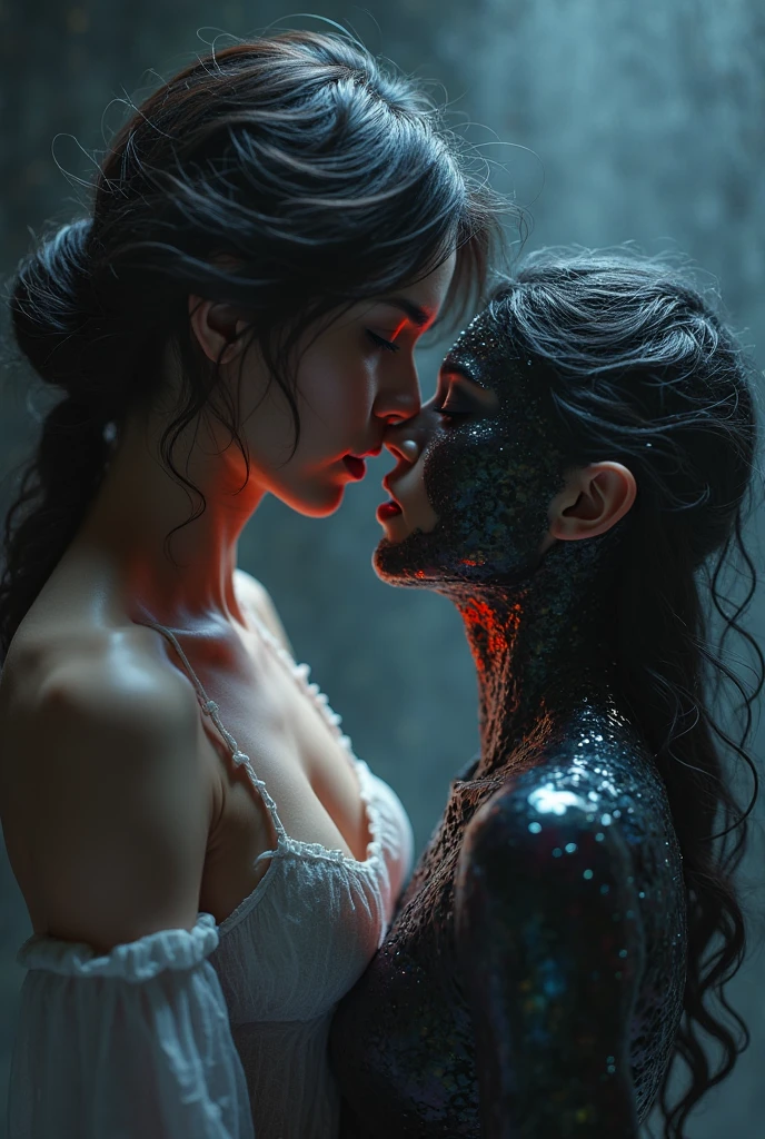 A dark, atmospheric scene in a bathroom with light tiles, showing a couple kissing behind fogged glass. A man is pressing his veiny hands against the mirror, while a woman has her back pressed against the glass, she is naked. The man is wearing a black hooded sweater, your look and mystery. The lighting is low, creating a silhouette and mystery effect. Both figures have wet hair and wear dark clothing.. The glass is covered in condensation, and the expression of the characters is ambiguous, almost invisible due to fogged glass. the atmosphere is tense and dark.