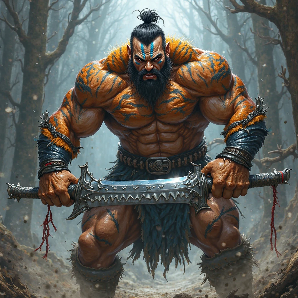 plano general, whole body, Bloom, monochrome, ink sketch,((1 ogre alone, strong and robust, dynamic pose, with shoulder pads and decorative bones, large and sharp fangs, Game-Winning Dunk:1.5)), fighting stance, looking at the viewer, broad, for the floating, hanfu, Chinese clothing, long sleeves, (abstract ink splash:1.2), White background