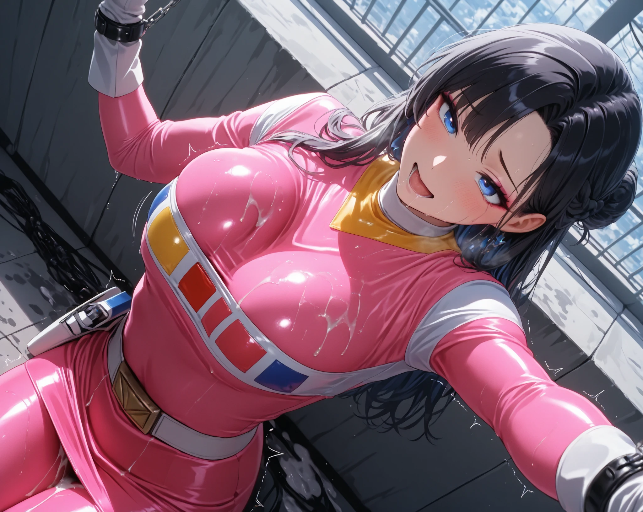 ((masterpiece)), ((Ultra quality)), ((super detailed)), ((high resolution)), ((8k)), a beautiful woman, ((She is one of the most famous actress in the world)), unparalleled beauty, ((large breast:1.5)), ((large ass:1.2)), ((deep cleavage:1.5)), slim waist, chest out, ultra detailed face, perfect skin, (((waist length hair, long brown ponytail hair,))), ((brown eyes)), ultra detailed eyes, whole body image, sexy, an inviting smile, sensual, (((anime))), ((glamorous)), sexual attraction ,(Age 25)), ((incredibly beautiful woman)), ((The H cup bust)), ((neat and clean)) , (((Power Ranger))), heroine, (((high leg cut leotard, Black line on white colored leotard power suit))), (((Test Type high leg cut leotard Power Suit))), ((beautiful breasts)), beautiful legs, 8 life size, anime:1.4, the most beautiful and strongest, ((charm)), ((Japanese Beauty)), ((((gravure pose)))), ((City in Ruins, Immediately after the battle, wet)),