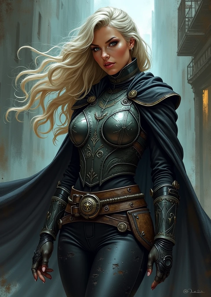 Fantasy art, retro art, female assassin in tight black leather armor with spikes all over her body, tight black pants, Leather Bib, leather leg armor with spikes, leather shoulder pads with spikes, tattoo loviatar, Hair color: black, with a braid on his head, Moonlight, clear face, in the background an alley of a medieval fantasy city, full length, holds a short curved sword in each hand