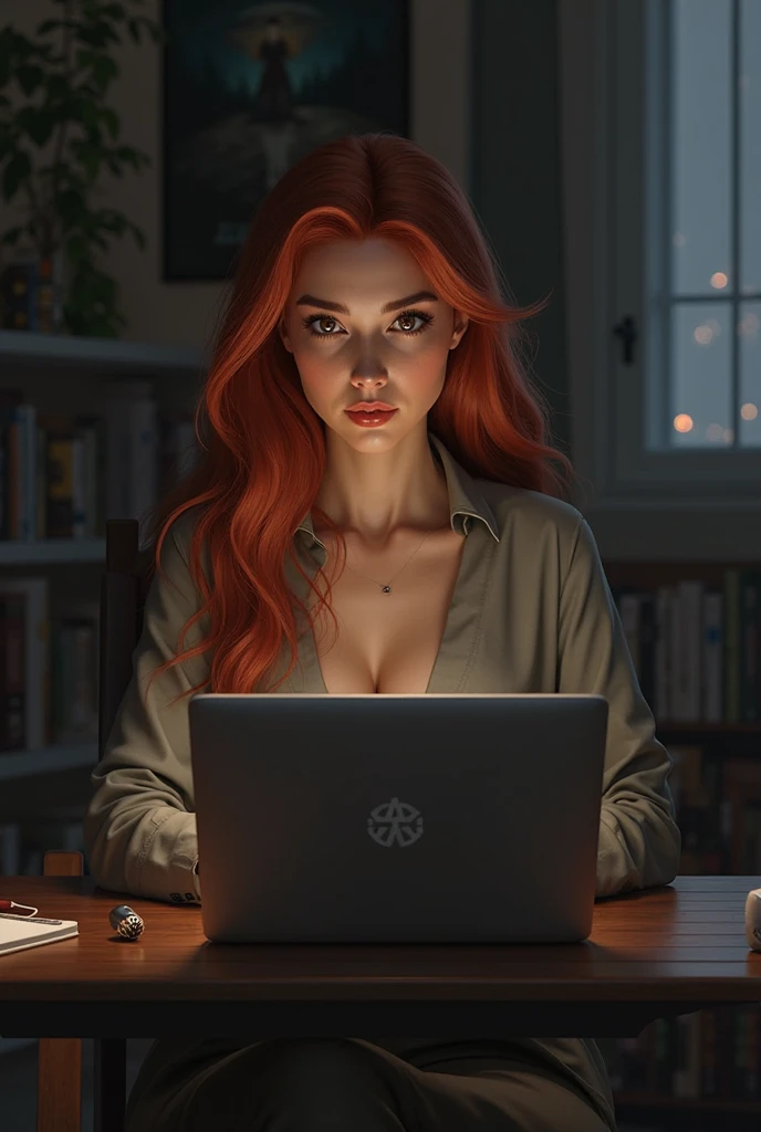 girl with long red hair, very sexy, perfect ass, in panties and tight plain t-shirt, marked nipples, small breasts, looks surprise as smoke comes out of her computer, broken computer, between shadows, oil painting, chiaroscuro, sensual, dramatic lighting, moody atmosphere, photorealistic, intricate details, masterpiece, ultra-detailed, high quality, 8k, best quality, realistic, cinematic, dark and brooding, expressionistic, powerful composition, emotional impact, Bill Sienkiewicz inspired art