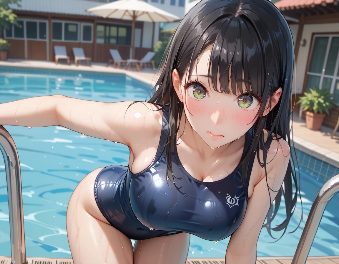 Bigger breasts(Open mouth and climax face)Background Outdoor Pool、(My body is soaking wet 5.5)、Braided hair、Realistically、(Two 10 year old girls hugging each other, Bigger breasts胸の膨らみを強調する)、Navy blue and yellow((Gloss 5.5))She is wearing a sleeveless turtleneck swimsuit，，Accentuate cleavage，Looking up from below，blush，moist pink lips，sexy，Own，Please open your mouth wide、Place your arms behind your head、