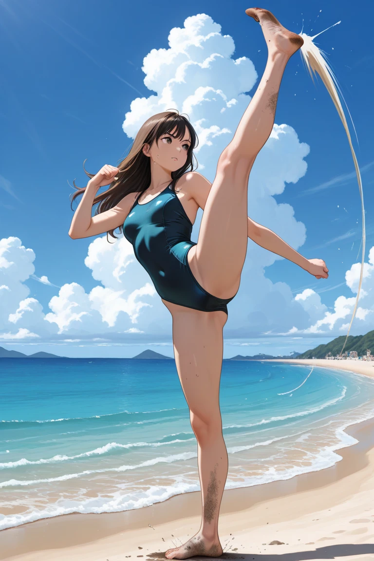 Realistic woman with bikini looking towards the sky in a very expressive pose extended both arms perspective of the feet towards the sky making the sign of love and peace raising the knee and extending the other leg very adventurous