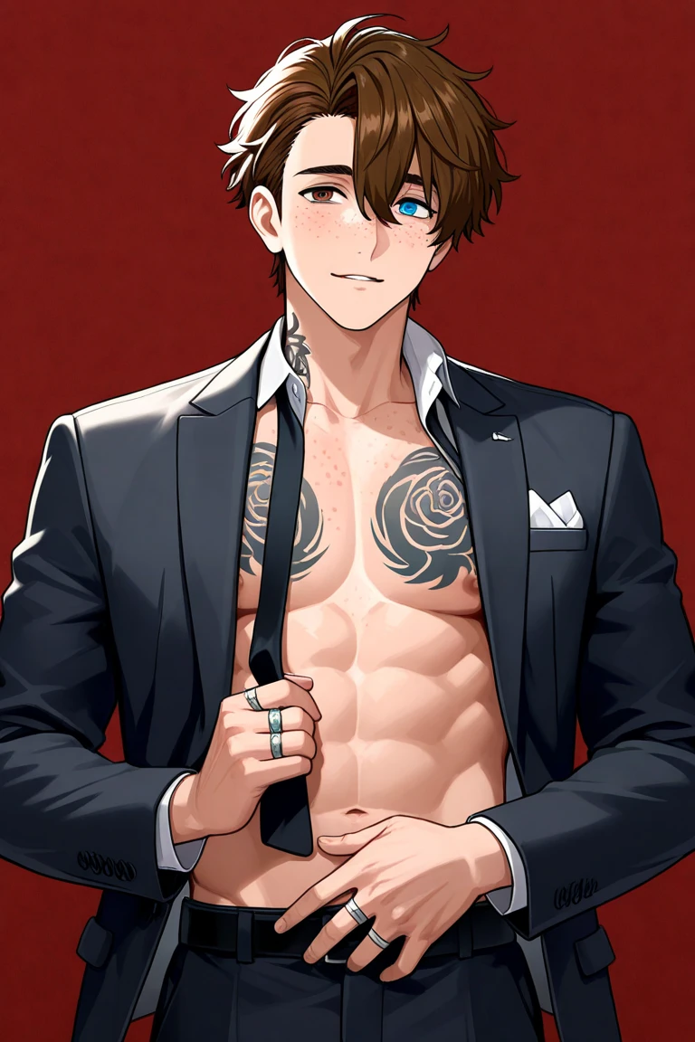 1boy, short brown hair, (brown skin:1.1), abs, open suit jacket, (hand in own hair:1.2), looking down, deep blue eyes, rococo, bare chest