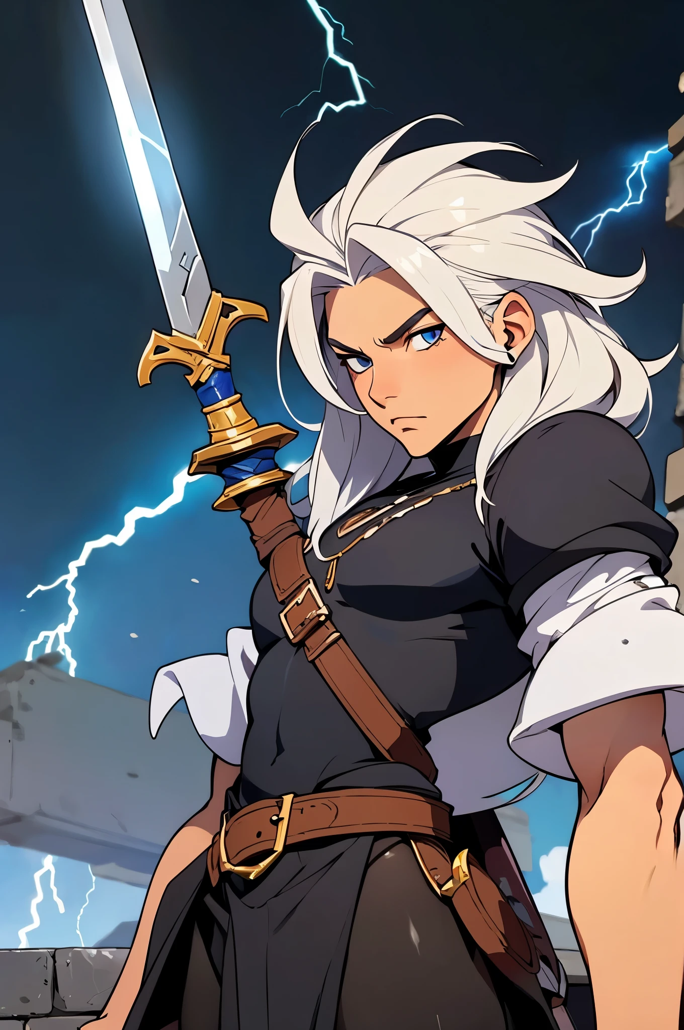 Create sprite for a pixelated game similar to Chrono Trigger for men with white hair, Black clothes and blue sword with small lightning around the sword