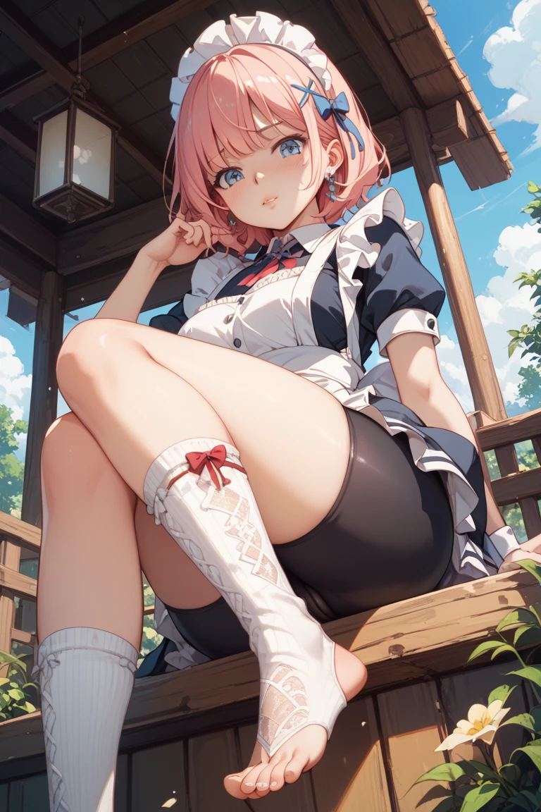 Plain white with emphasis on the chestＴshirt、You can see the chest from the neck、Ultramarine and white striped mini skirt、When you lift up her skirt you can see her cute pink frilly underwear.、A fluffy, white ruffled flared skirt、When she flipped her skirt up, she found cute red ruffled underwear、barefoot、hot spring、Three girls of different heights Magical girl with magic wand、