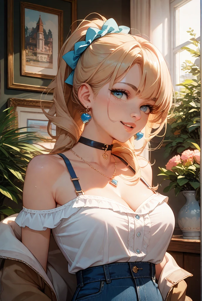 masterpiece, best quality, anime style, close up, 8k, selfie, of beautiful_woman, big_beautiful_blue_eyes, blonde_ponytail, smilie, gothic_dress, ribbon in hair, cleavage, small_breast, bedroom in background, natural lighting, soft lighting, sunlight