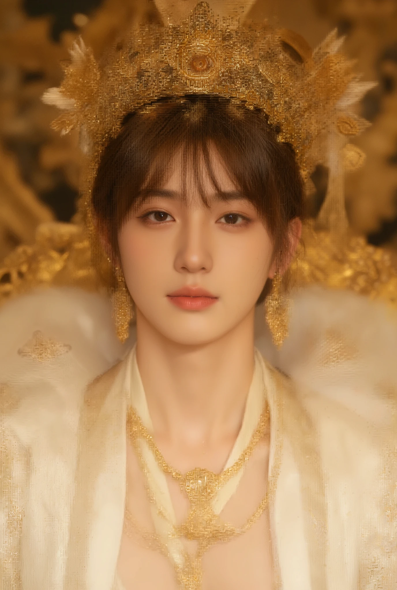Gold、Golden Eye((金のたれ目の Gold王子))A beautiful man with a very thin, smooth chin((bangs are bob cut on both ends and long hair on the back))The most beautiful male prince smiles((very, very large golden creases))Accurate and beautiful face (, a 25-year-old man with beautiful, smooth, silky skin1Man is the prince of the Sun God)A very luxurious and large crown in the shape of the sun、very luxurious large earrings((White Luxurious Detailed Patterned God Fantasy Outfit))Very Luxurious Large Necklaces、Very Luxurious Bangles(Prince of royalty who closes his mouth)Look at Viewer(dynamic pose)The beautiful son of Amaterasu Omikami、real fantasy movie style
