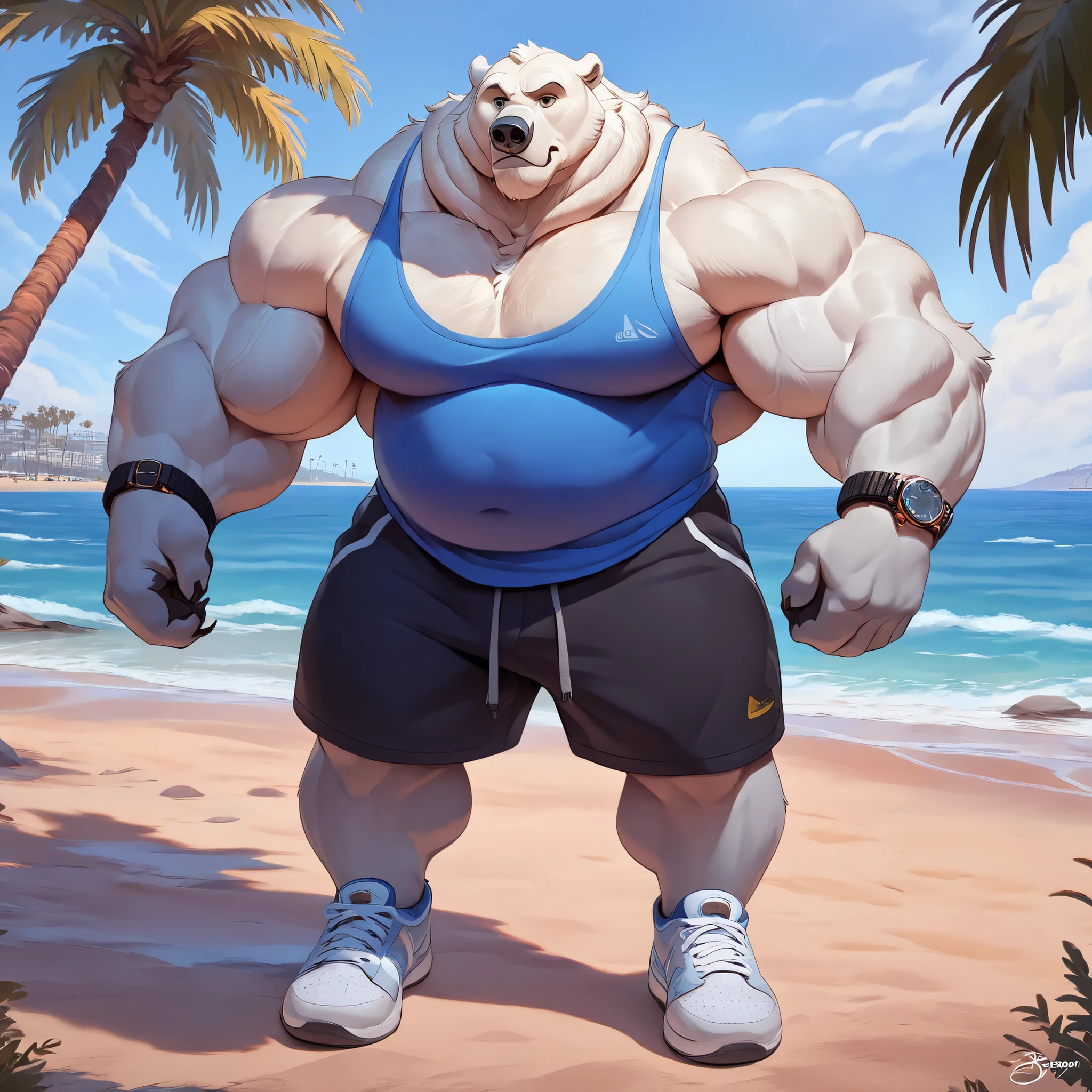 polar bear, old man, male, solo, huge muscular polar bear in L.A. beach, big feats flex, big grunting, polar bear, huge white fur, thick arm, huge arm, thick neck, detailed thick moustache and beard, Short white hair, (muscular, pectoral, wide pectoral, thick arms), height: 220cm (7’8), weight: 254kg (424lbs), beach, palm, Disney, masterpiece, eyebrows added, detailed eyes with pupils, (wearing black shorts, wristband, watch, blue tank top and white shoes), poses his body muscles