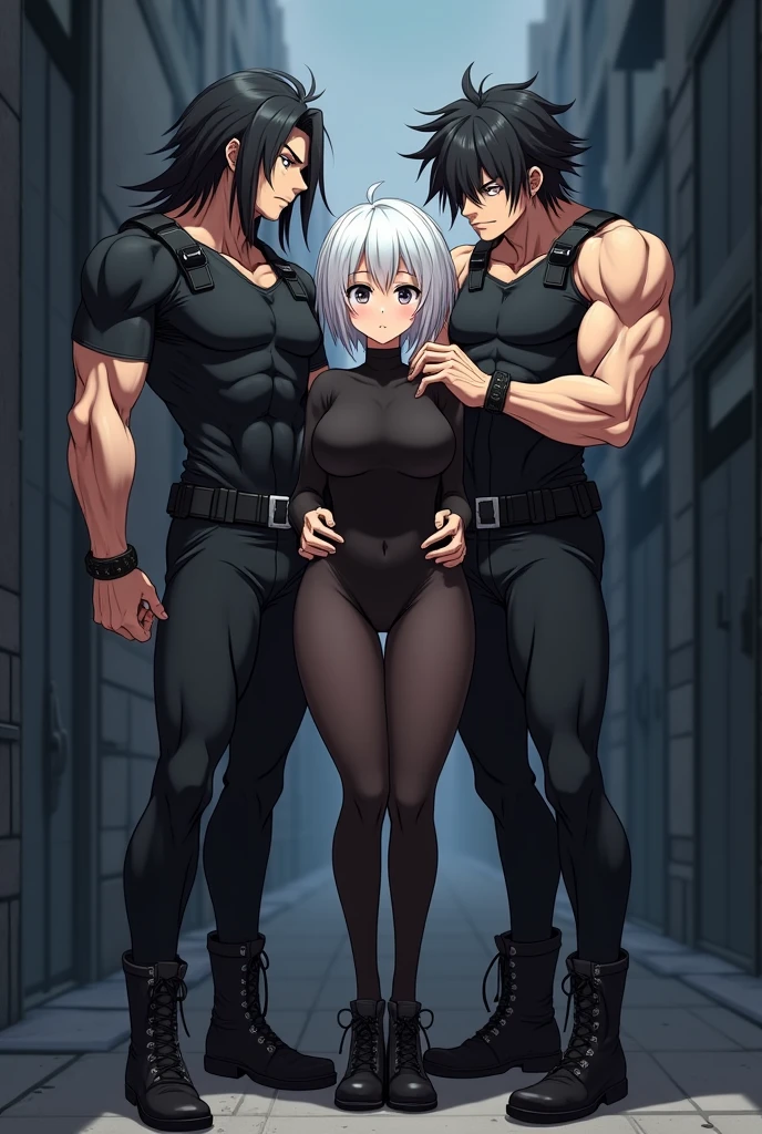 source_anime, rating_explicit, score_9, score_8_up, score_7_up, black_hair, goth, gothic, short_hair, looking at viewer, crop top, skirt, thighhighs, black clotges, goth girl, ikuchan, purple eyes, medium breasts, indoors, black hair, 2boys, breast grab, standing, reverse harem, standing next to eachother, standing side by side, ((cuckold pov)), cuck pov, muscular males, netorare, ntr, breast squeez, breasr grab, ((faceless male)), ((size difference)), large male, 2boys, trio, hellsing, panties showing, panty line