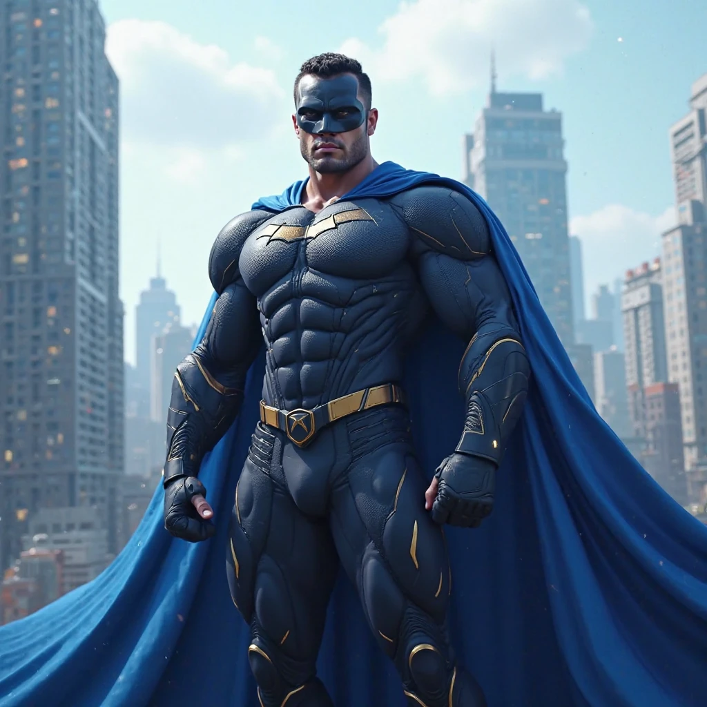 create a superhero movie character, he will be a villain called Crossó, with blue clothes, without cover
