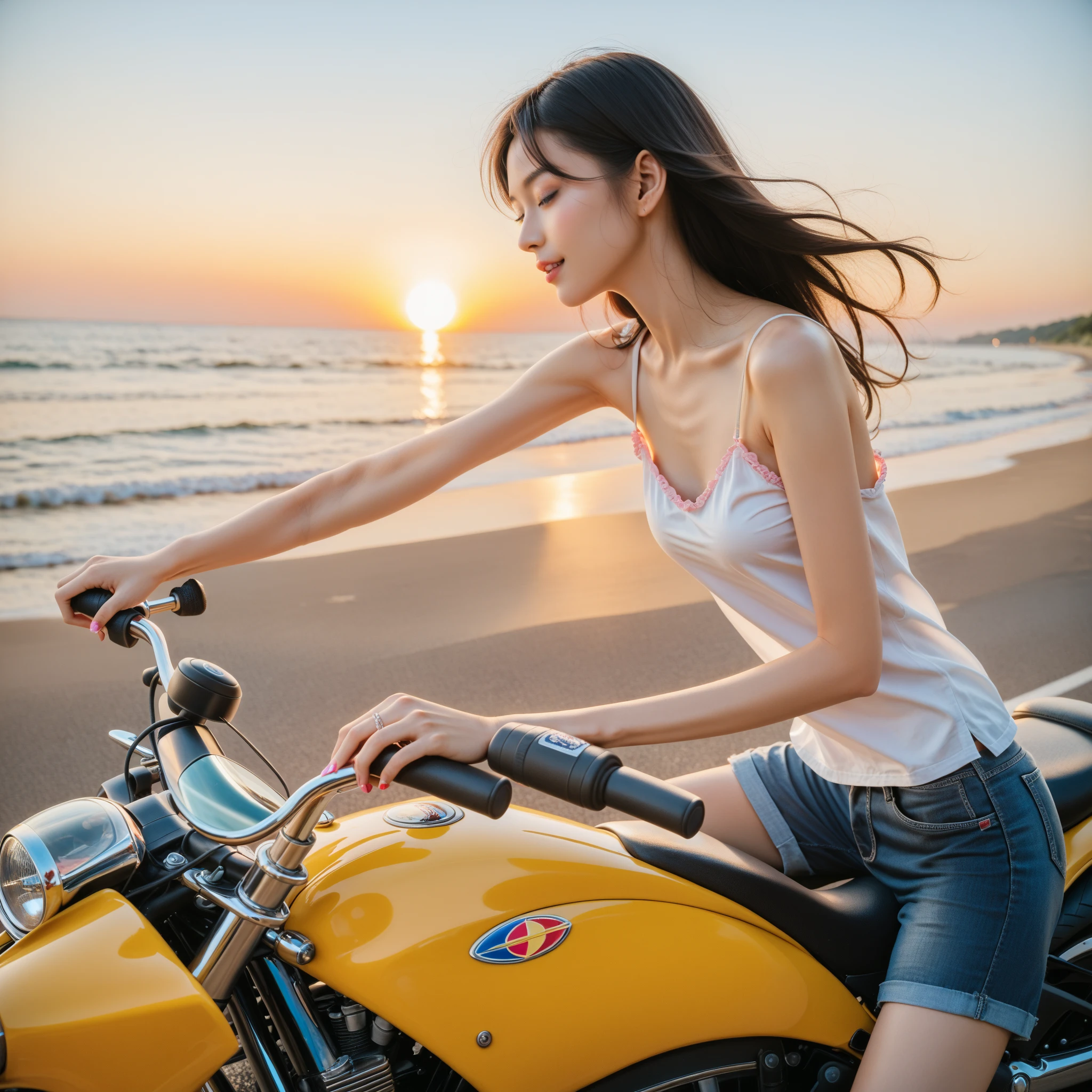 Two women riding motorcycle in bikinis