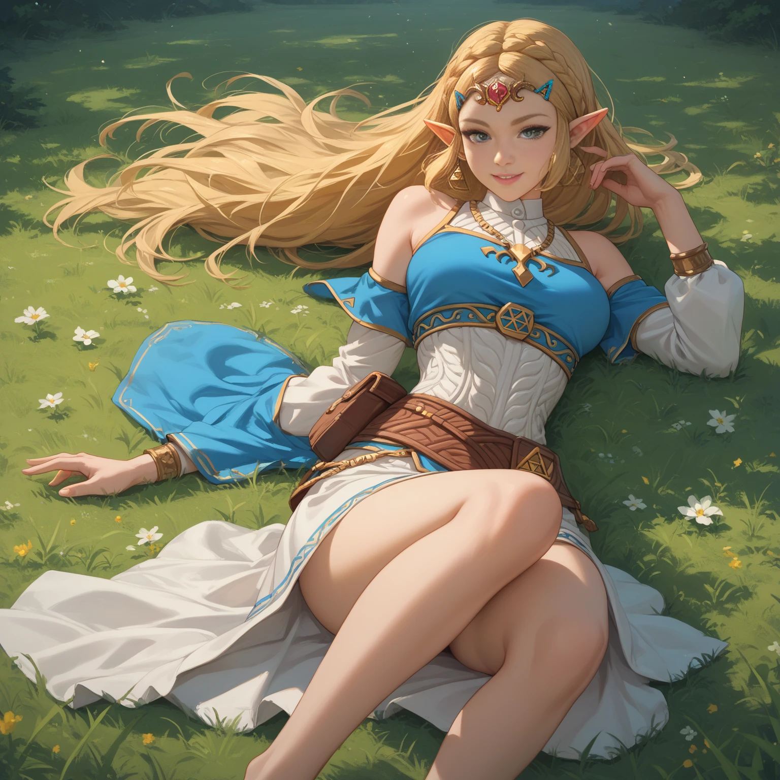 princess zelda,  smile, legs, grass, wind
