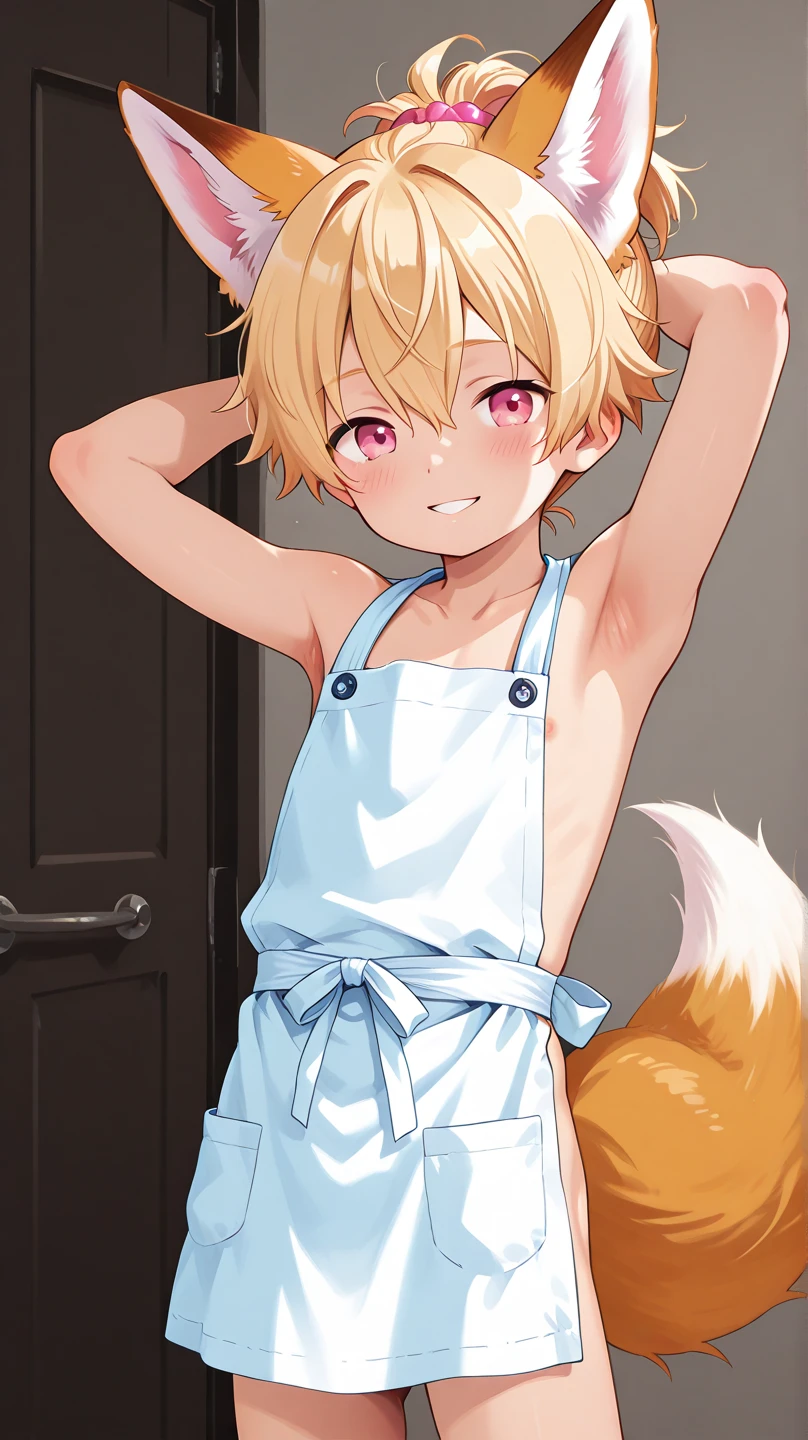 Black pupils, Light yellow fluffy body, Furry cat tail, Boy cat,Light yellow hair,Exquisite wallpapers,Very cute,The popular style of the P station,One role solo,White cute fluffy little long legs,Shotai style,Inner figure eight standing position,Blushlush,Sexy skinny swim trunks