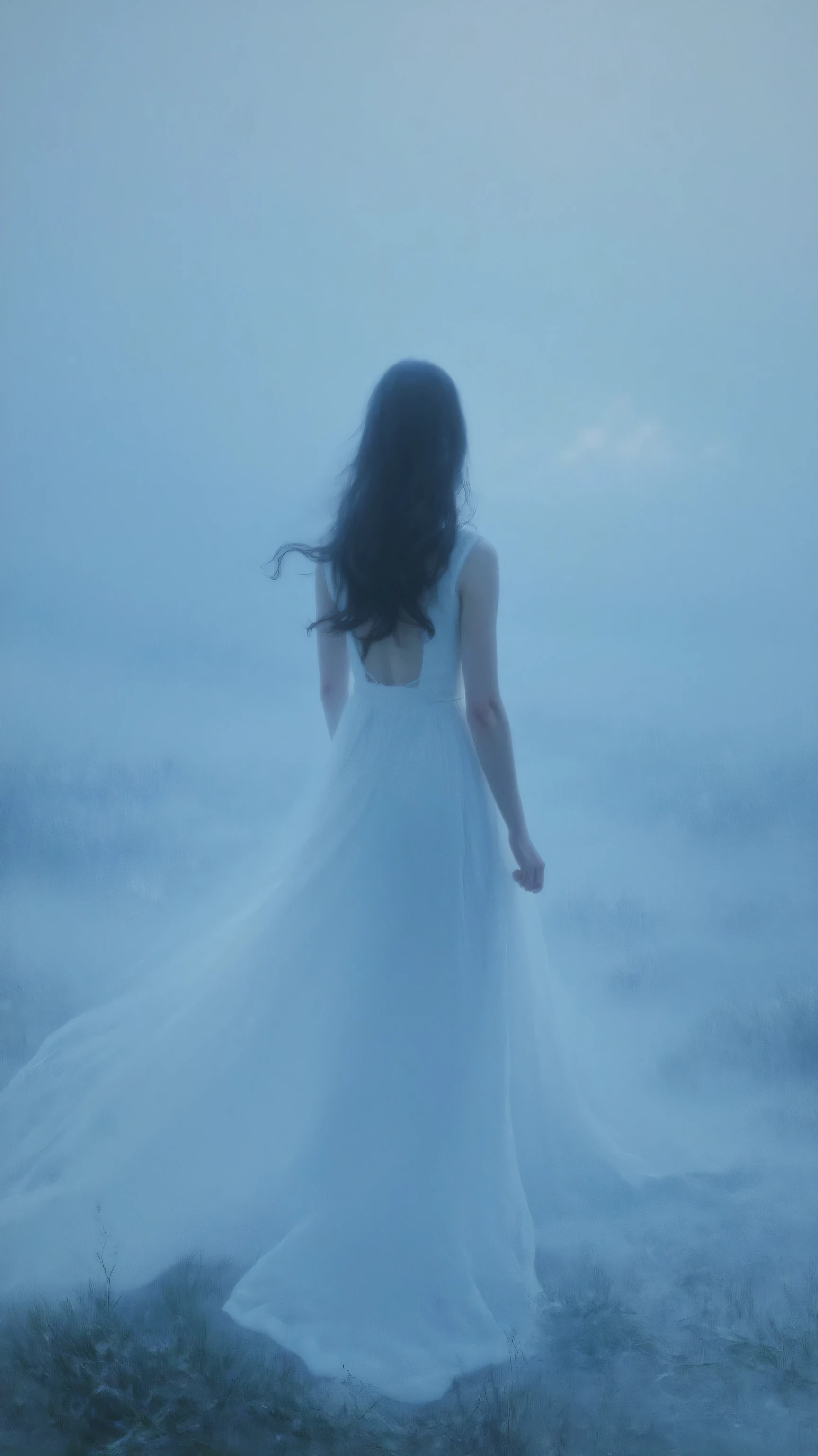 impressionist,Vision,超Vision。In the Mist,Back view of a girl with long hair in a white dress。blue tone atmosphere