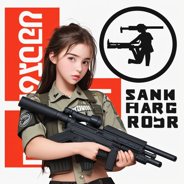 Top quality, 1 beautiful woman, ((Twintails)), wearing T-shirt, mini skirt, holding_gun, ak-47, 50mm lens, f/1, Moody Lighting, white background, (at Futuristic city:1.5)