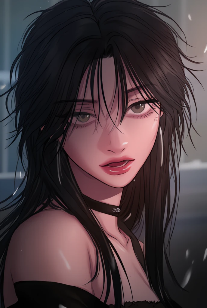 (masterpiece high quality, modern clothes) face focuss, half body , 24 years, caitlyn, black hair, 1girl, long hair, bangs, black attire, normal , messy hair, white top suit, black clothes, anime style character, highly detailed exquisite fanart, realistc anime, black eyes