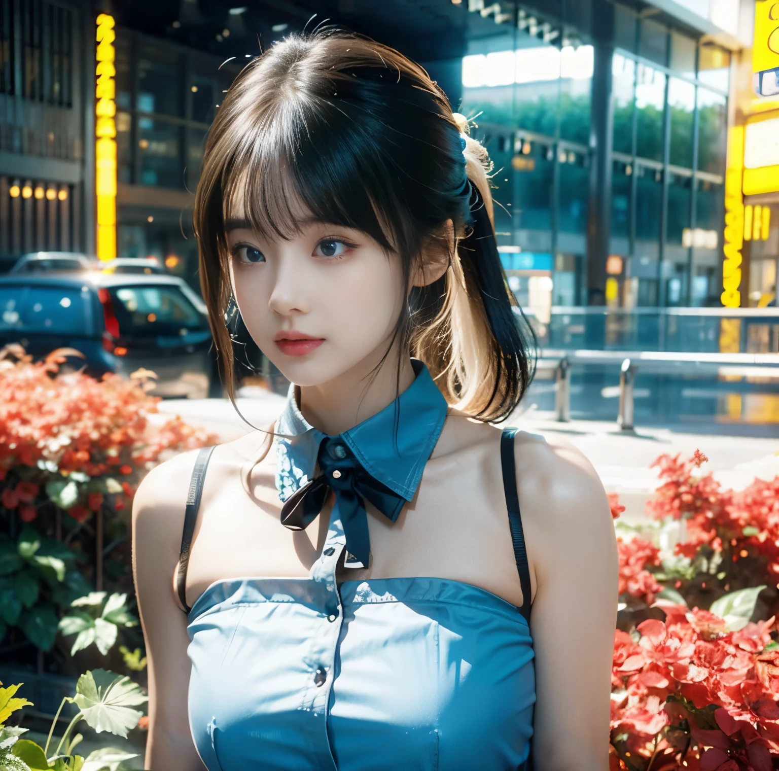 a beautiful girl, detailed eyes and lips, standing alone on the middle of a street in Thailand's Chinatown, 1girl, high contrast, vibrant colors, cinematic lighting, photorealistic, 8k, extremely detailed, hyper realistic, masterpiece, digital art, cinematic, muted tones, dramatic lighting, moody atmosphere, detailed environment, intricate architecture, cobblestone street, neon signs, lush greenery, atmospheric haze, beautiful detailed face, elegant pose, breathtaking, cinematic composition, flawless detail, stunning realism