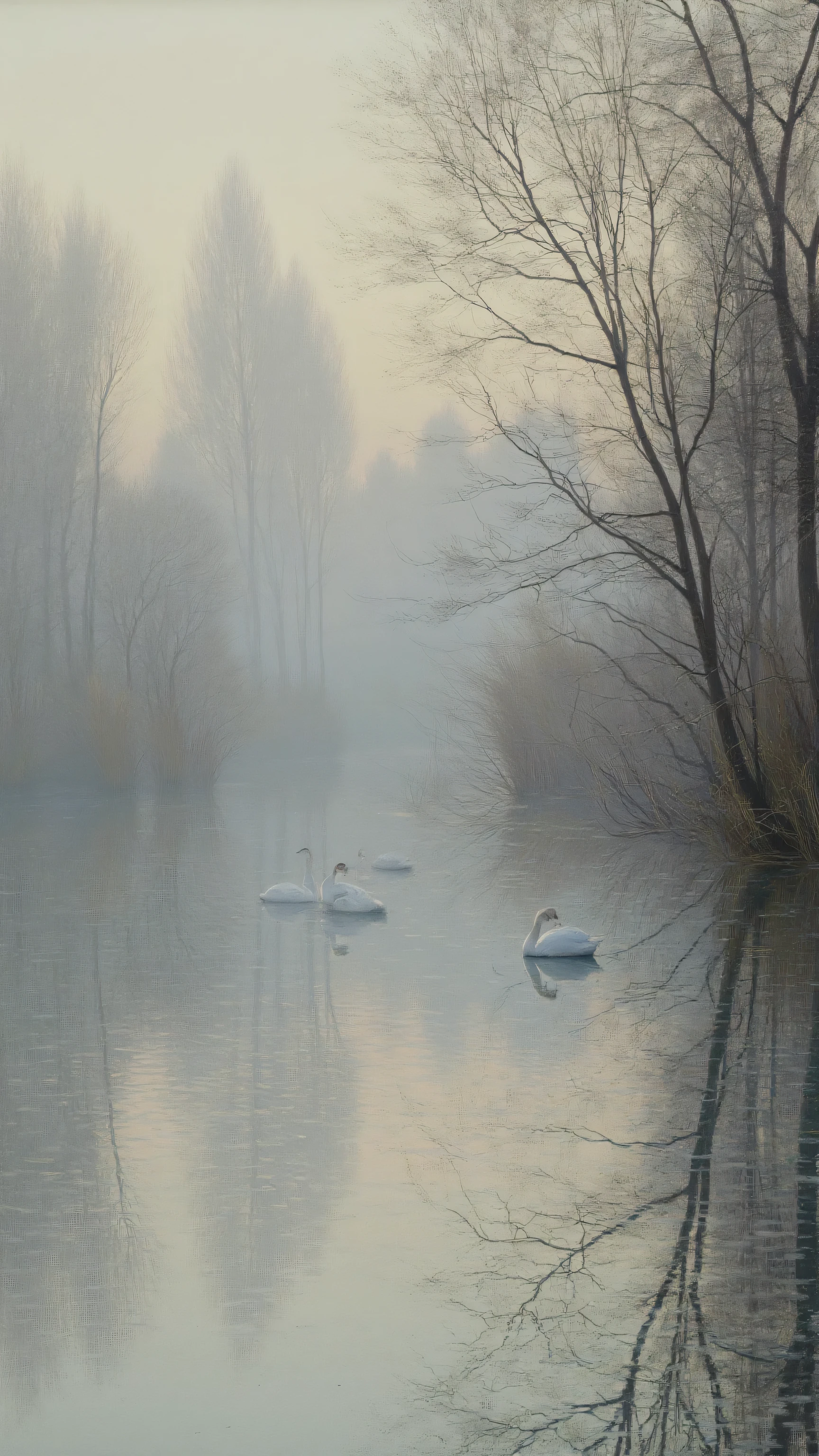 impressionist,Low-angle lakeside view, thick fog, misty, reflections of withered trees, motion blur of a camera in hand, swans floating on the water surface. Corrosion patterned concentric ripples, Impressionist water texture.