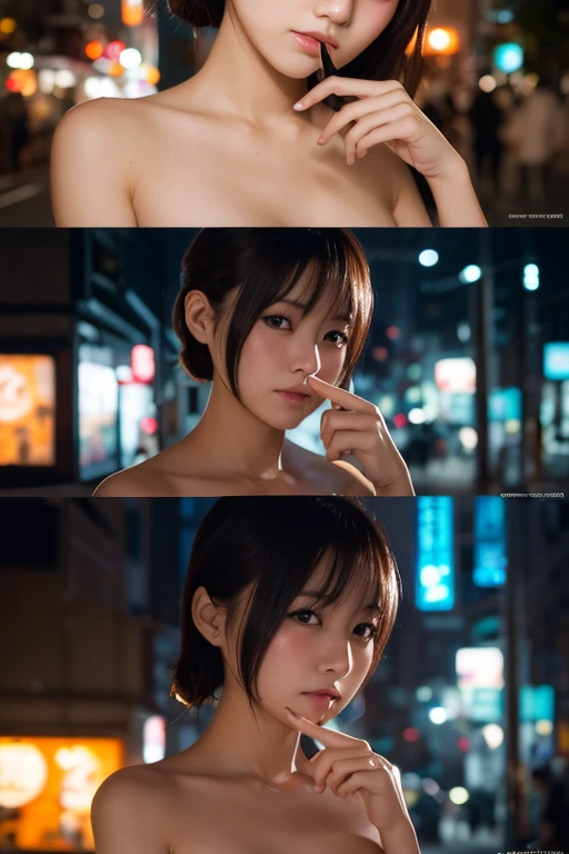 (backlighting,navel:1.1,black hair),A beautiful topless woman wearing on the bustling streets of Gintama, surrounded by vendors, beautiful portrait of a stunning goddess girl, beautiful detailed face, porcelain skin, half body shot, centered,((moonlight,night,big neons,strong neon lighting,rim lighting,two tone lighting)))