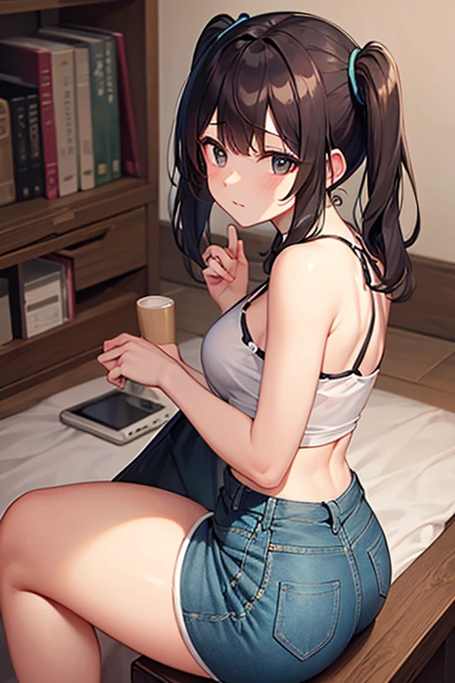 Character Sheet,Anime style,(masterpiece),illustration,8k,ray tracing,finely detailed,best detailed,Clear picture, 28 years old,Medium_Hair, darkbrown Eyes, longhair, White tanktop,mature female,milf, slender small breasts,panty shot ,white panty,Plain background