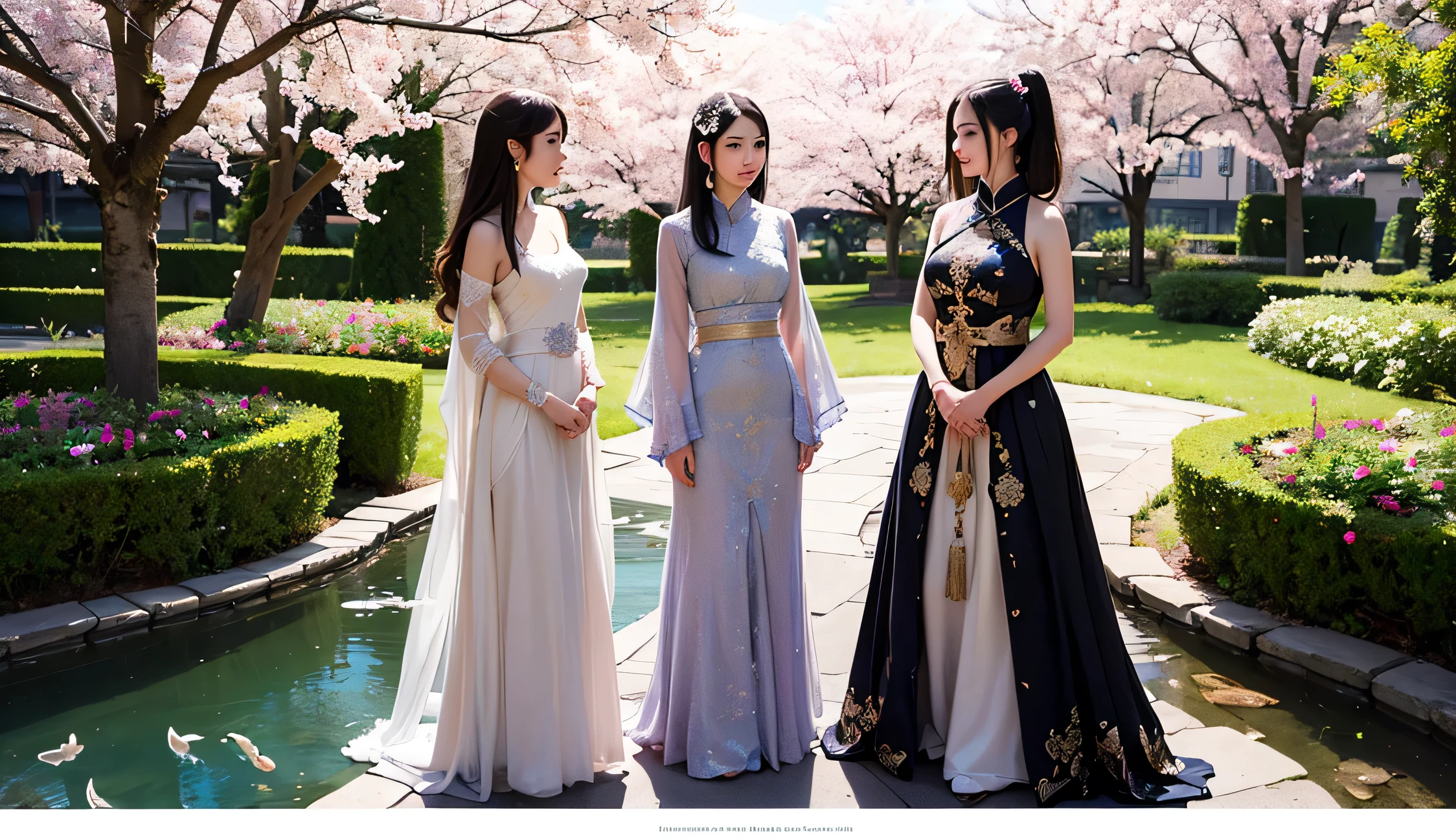 "A group of beautiful Chinese women dressed in elegant, flowing traditional gowns inspired by Chinese donghua fantasy style. Each woman has unique features and clothing details: ornate silk dresses with intricate embroidery, pastel and jewel-toned colors like lavender, emerald, and crimson. Their long hair flows gracefully, adorned with delicate hairpins, jade ornaments, and flowers. They stand in a serene fantasy garden with cherry blossom trees, ancient stone lanterns, and a glowing koi pond. Their expressions are gentle, wise, and enchanting — a blend of ethereal beauty and powerful presence. Soft mystical lighting, dreamy atmosphere, ultra-detailed, 8K, cinematic fantasy art, trending on ArtStation."