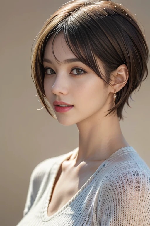 (Representative works:1.2), (8K, photorealistic, RAW photo, Highest image quality: 1.4)、High resolution skin:1.3、realistic skin texture、30 year old mature woman、A well-formed and beautiful face、small face、no makeup、Bust B Cup、、small breasts、Detailed beautiful eyes、short hair、dark brown hair、sexy pose、gray background