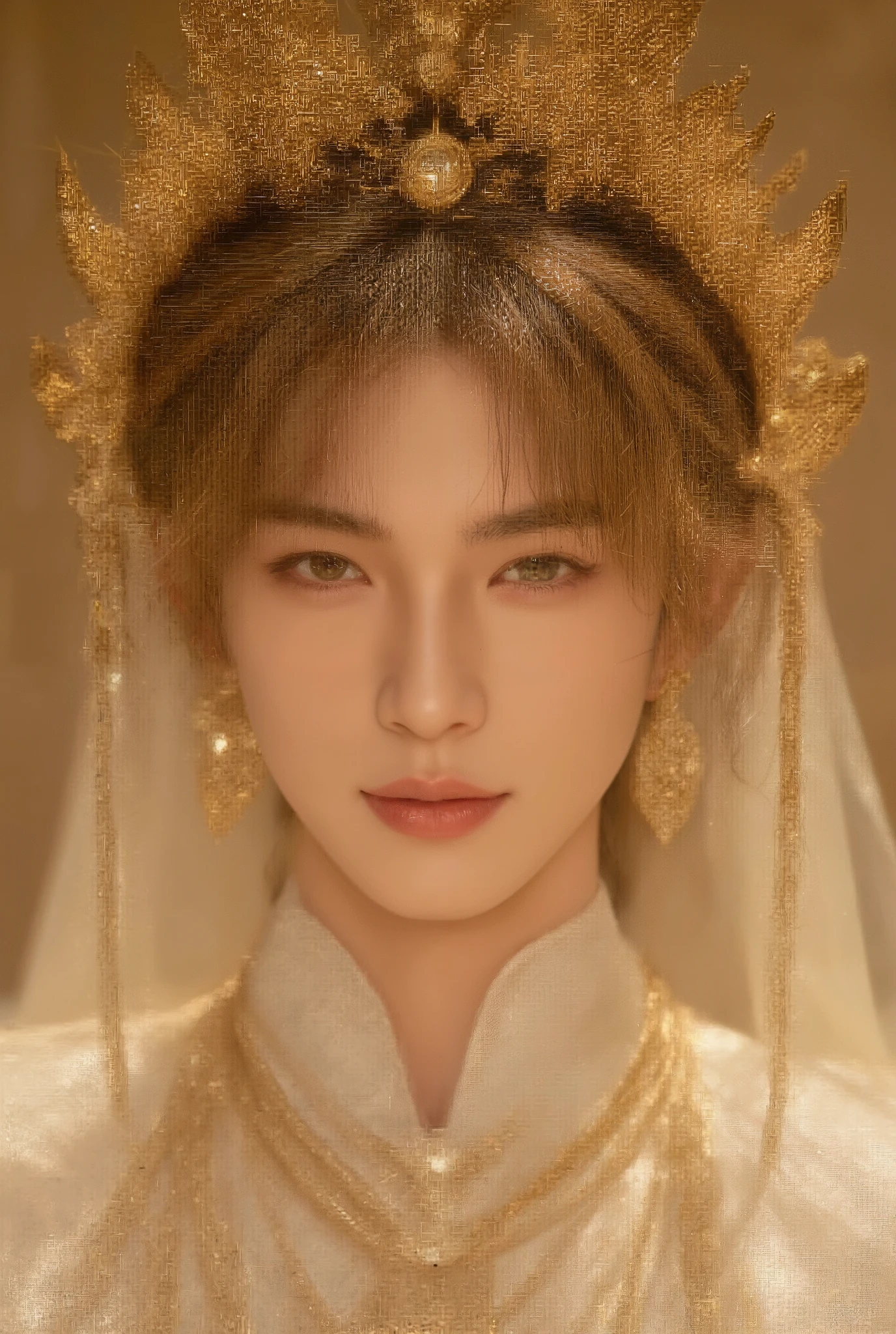 The person with gold-dyed hair、Golden Eye((The Golden-Eyed Prince))A beautiful man with a very thin, smooth chin((bangs are bob cut on both ends and long hair on the back))The most beautiful male prince smiles((very, very large golden creases))Accurate and beautiful face (, a 25-year-old man with beautiful, smooth, silky skin1Man is the prince of the Japanese Sun God)A very luxurious and large crown in the shape of the sun、gold crown、very luxurious large earrings((A fantasy costume of a god with a white luxurious, detailed pattern))Very Luxurious Large Necklaces、Very Luxurious Bangles(Prince of royalty who closes his mouth)Look at Viewer(dynamic pose)the beautiful son of the Japanese Sun God、real fantasy movie style