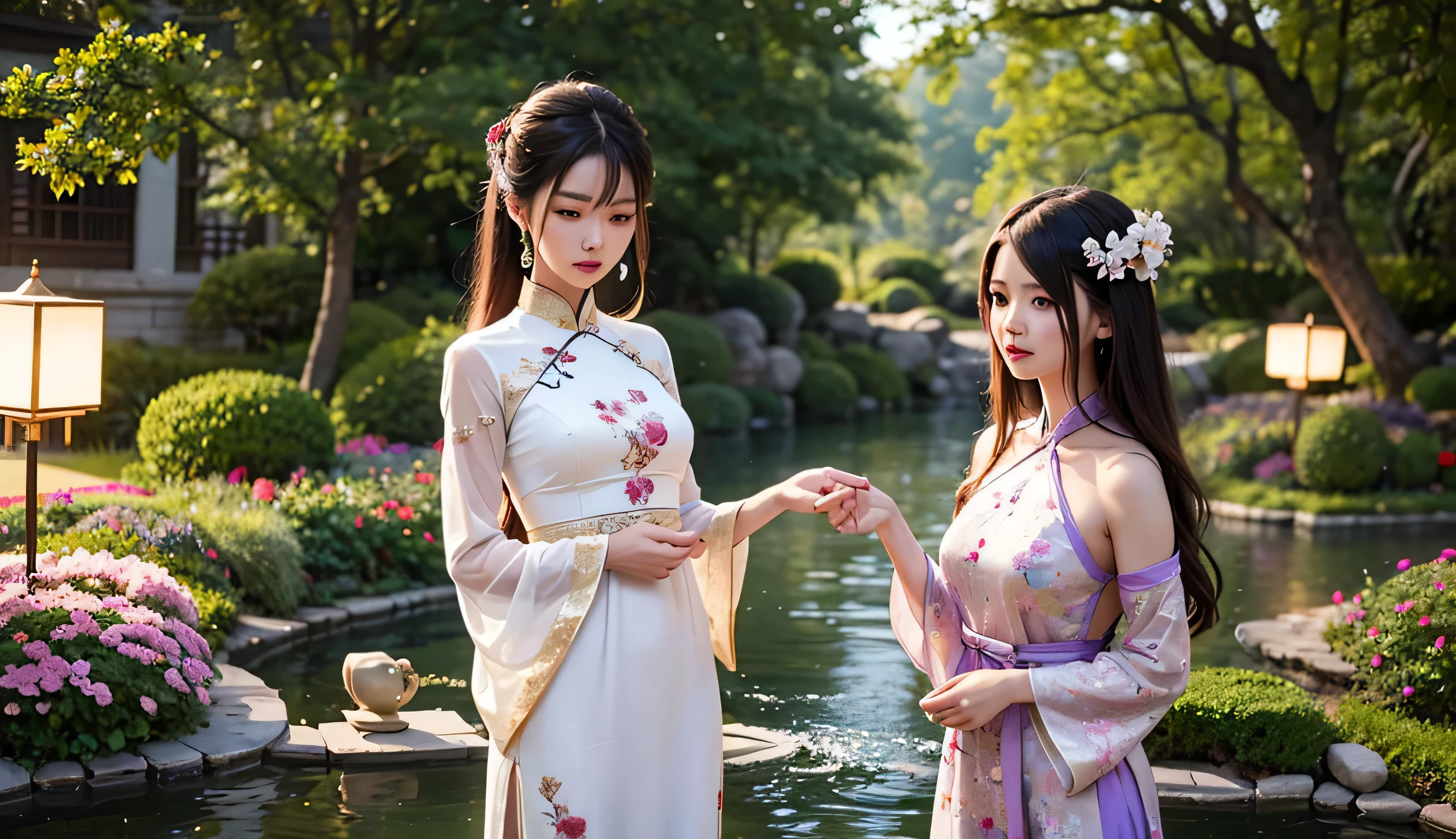 "A group of beautiful Chinese women dressed in elegant, flowing traditional gowns inspired by Chinese donghua fantasy style. Each woman has unique features and clothing details: ornate silk dresses with intricate embroidery, pastel and jewel-toned colors like lavender, emerald, and crimson. Their long hair flows gracefully, adorned with delicate hairpins, jade ornaments, and flowers. They stand in a serene fantasy garden with cherry blossom trees, ancient stone lanterns, and a glowing koi pond. Their expressions are gentle, wise, and enchanting — a blend of ethereal beauty and powerful presence. Soft mystical lighting, dreamy atmosphere, ultra-detailed, 8K, cinematic fantasy art, trending on ArtStation."