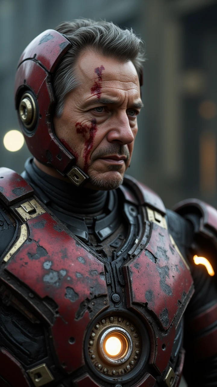 Create a hyper-realistic digital image of a close-up of a Terminator robot head. Show only the neck region upwards, with realistic details of the metal structure and mechanics of the face. Worn red eyes should have a menacing, piercing expression. Includes realistic details of the armor and metallic shielding covering the neck and lower part of the face. The background should be dark and gloomy, with a post-apocalyptic aspect, to create a threatening and tense environment around the robot.