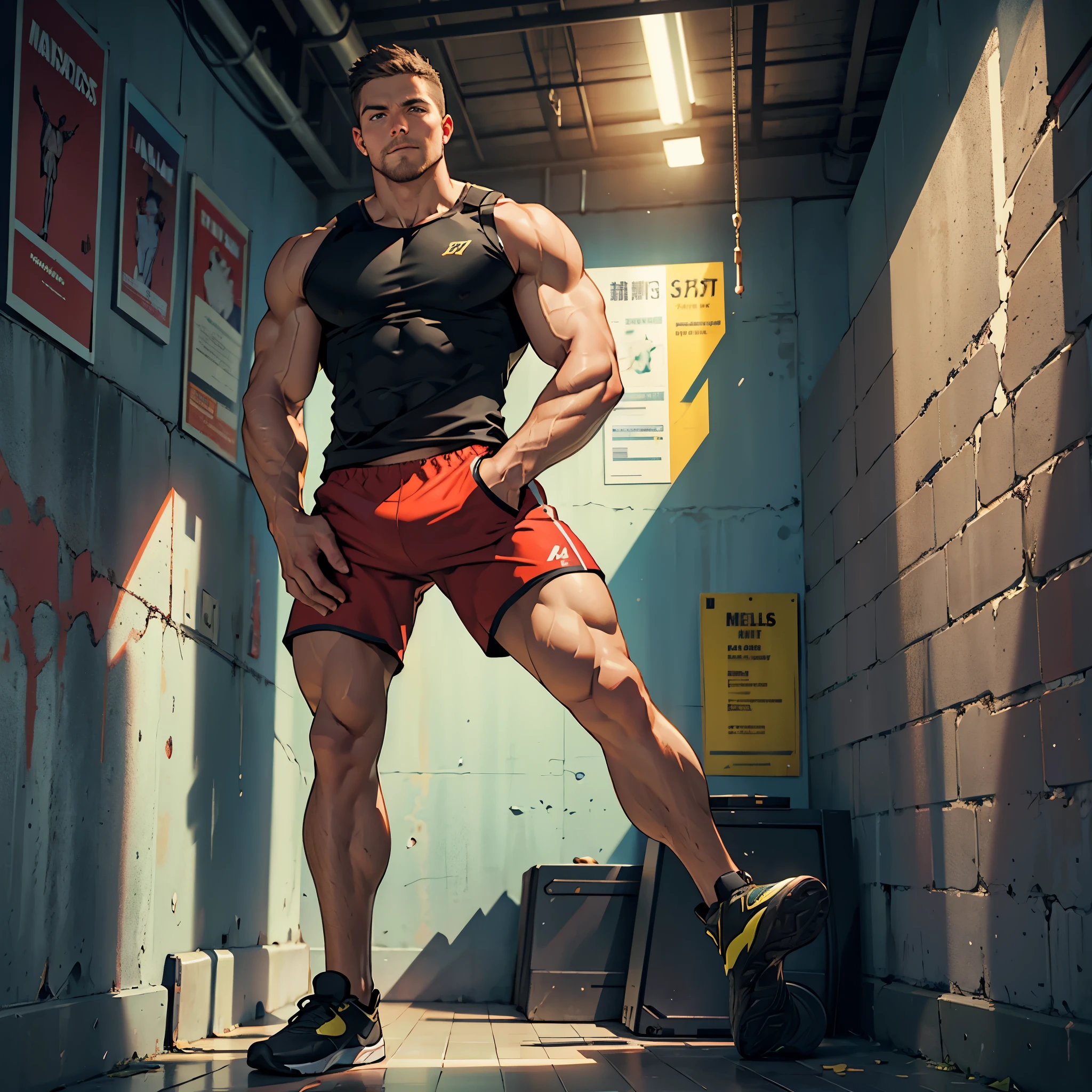 42k, high quality , detailed face , detailed hands , detailed muscles , stephen amell standing, posing in a gym hall  ,standing with spread legs, showing his muscles, background brick wall with men health posters