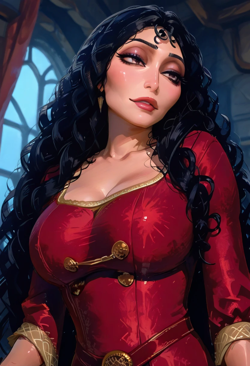 (masterpiece, top quality, best quality, official art, beautiful and aesthetic:1.2), (1girl:1.3), long and curly dark brown hair, extremely detailed, portrait, looking at viewer, solo, (full body:0.6), detailed background, close up, mischievous eyes, (warm summer castle theme:1.1), sorceress, charlatan, smirk, mysterious, walking in courtyard, revealing ((dark red)) sorcerer attire, red knee-length red skirt, off shoulder, straps, long sleeves, loose sleeves, cloak, corset, black leggings, black trousers, black pants, long brown boots, buckles, straps, pouches, (glowing magical energy, casting a spell), red fabric, white trim, ((((????????????????, cleavage, ?????????????)))), slim waist, slim ????, long legs, medieval (castle exterior:1.1) background, dark mysterious lighting, shadows, magical atmosphere, dutch angle