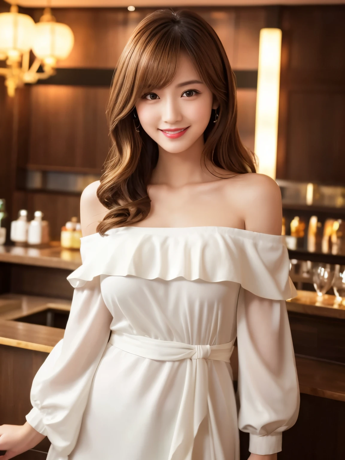 A very cute face like an idol、Looks like a young face、20-year-old female、Gentle and cute、A kind smile、((See-through clothes))、(((whole bodyの姿)))、Cleavage、A crowded bar、Cinema lighting、Natural light、whole body、RAW Photos、Genuine、(Artistic)、High level of artistry、High quality that is indistinguishable from real life、realism、Real Stick、High resolution、masterpiece