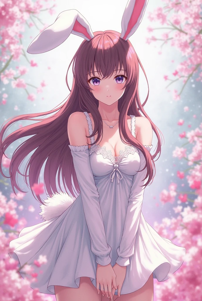 (anime, tone mapped, vivid colors:1.5),
beautiful, 1girl, waifu, detailed hair, portrait, simple background, a girl with long hair and cherry blossoms in the background,
bunny girl, playboy bunny, white gloves, pantyhose, animal ears, intricate vibrant colors, stunning, highly detailed, 8k, ornate, intricate, cinematic, dehazed, atmospheric, (skindentation), cleavage, see-through, bow,
(exceptional, best aesthetic:1)