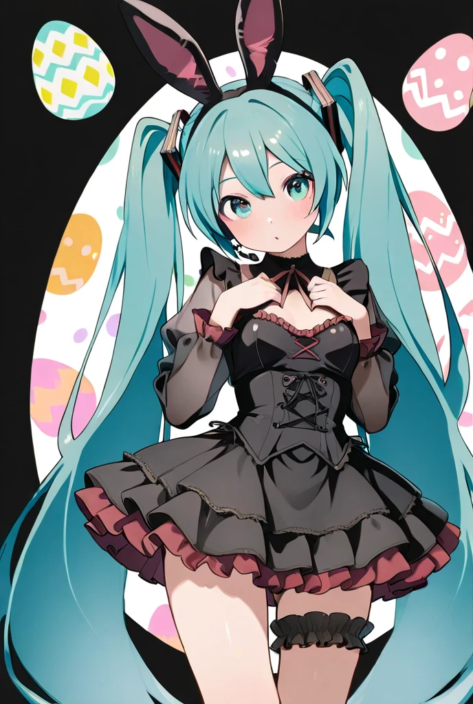 girl in black,cute,beautiful girl,Hatsune Miku,VOCALOID,turquoise long twin tails,Bunny ears,Frilled Miniskirt,Gothic and ta clothes,カラフルなeaster eggsの入った籠を持っている,easter eggs