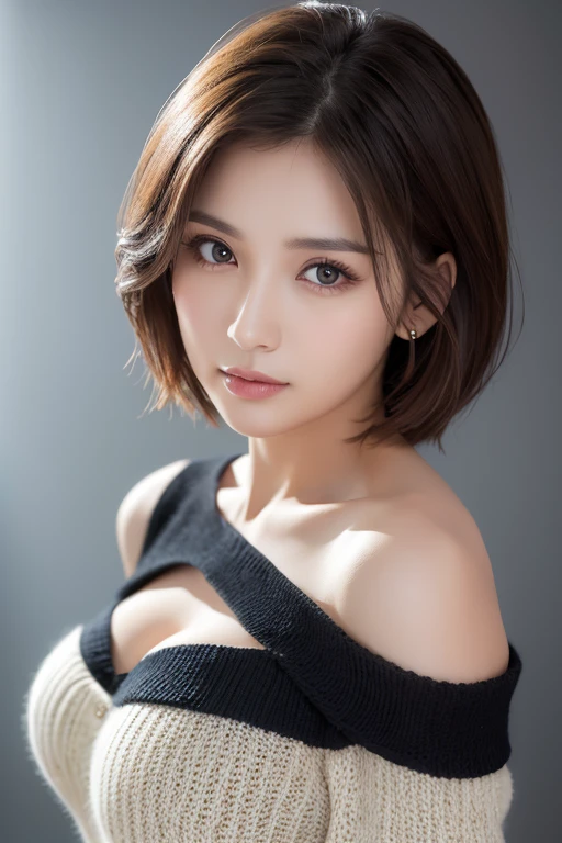 (((highest quality, 8k, masterpiece))), sharp focus, (perfectionな体型を持つ美しい女性), thin, cinematic lighting、perfection、soft light、high resolution skins:1.3、realistic skin texture、30 year old mature woman、small face、no makeup、short hair、dark brown hair、Detailed beautiful eyes、bust B cup、wearing a pendant、wearing a sweater、sexy pose、cool beauty、gray background、