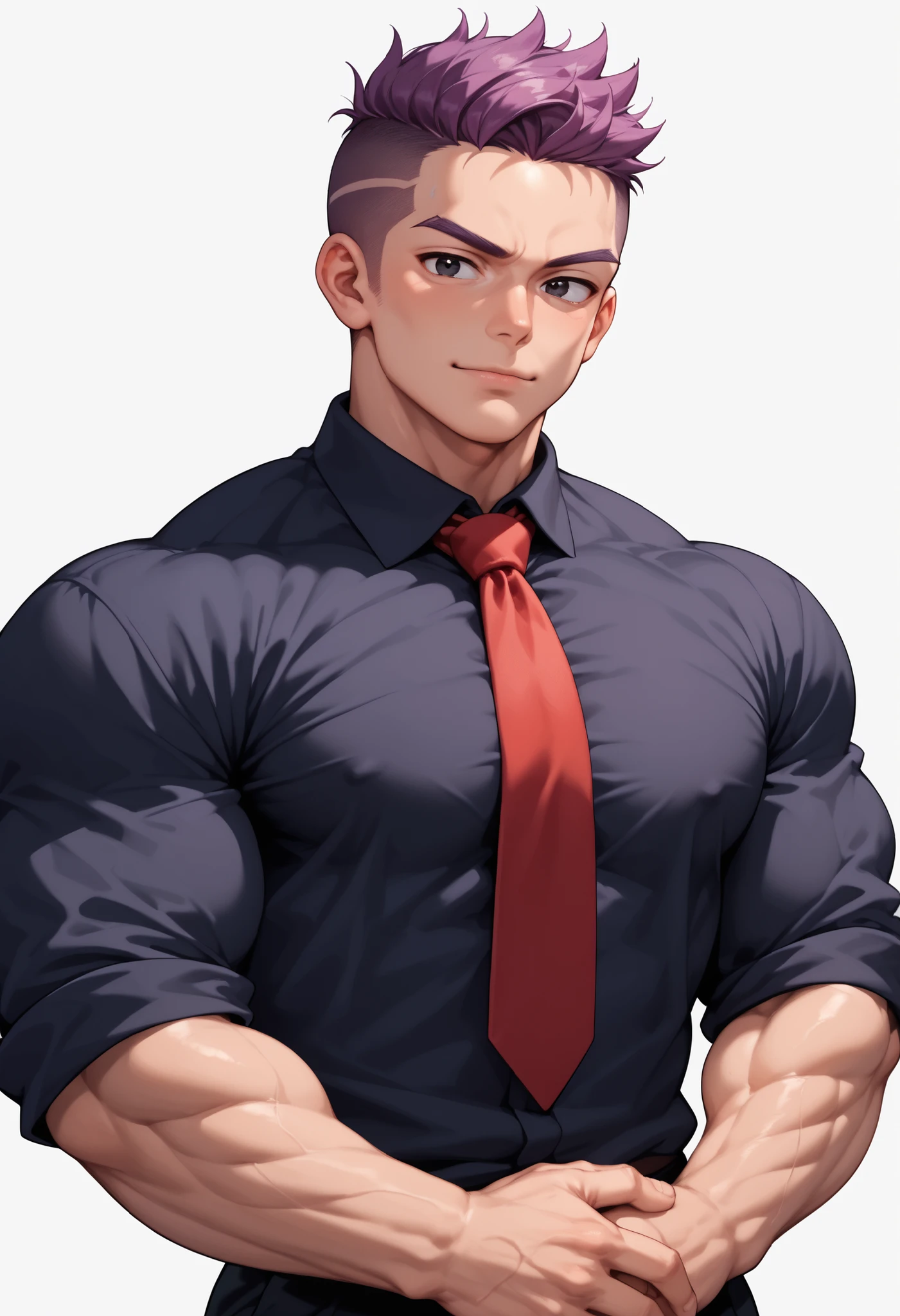 source_anime ,((White background)) White skin ((japan man)) ((1man)) , (solo man) , rathing_questionable , (dandy president) , black eyes ,(purple undercut hair) ((40 years old)), broad shoulder , square shaped face , handsome , ((Old ,aged)) (black shirt , red necktie) , cool emotion , BREAK solo , smart expression , animated color , (muscular)