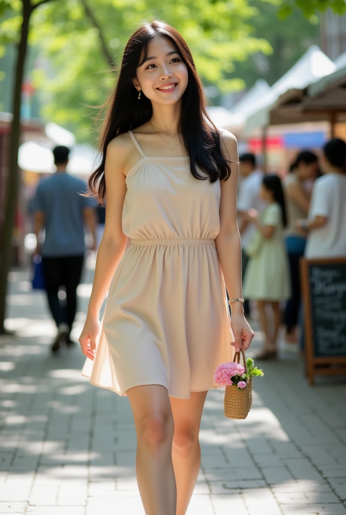 A Japanese woman with a pure and innocent image。Someone with beautiful long hair。Summery outfit for a shopping date