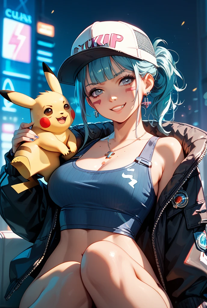 (looking at viewer:1.4), portrait, (18 years old), (standing:1.2),(supermodel:1.2), (frilled bra:1), hilda_(pokemon), 1girl, hat, denim, brown_hair, holding, baseball_cap, blue_eyes, long_hair, {{laughing}}, hand_making_the_peace_symbol, high_ponytail, ponytail, triple D cup breasts, big smile, (Punk rock fashion), upper body piercing, bedroom, Pokemon_style, pokemon_Characters
