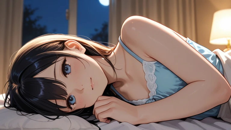 Highest quality,Highest Resolution,A girl lying in bed and using a smartphone,