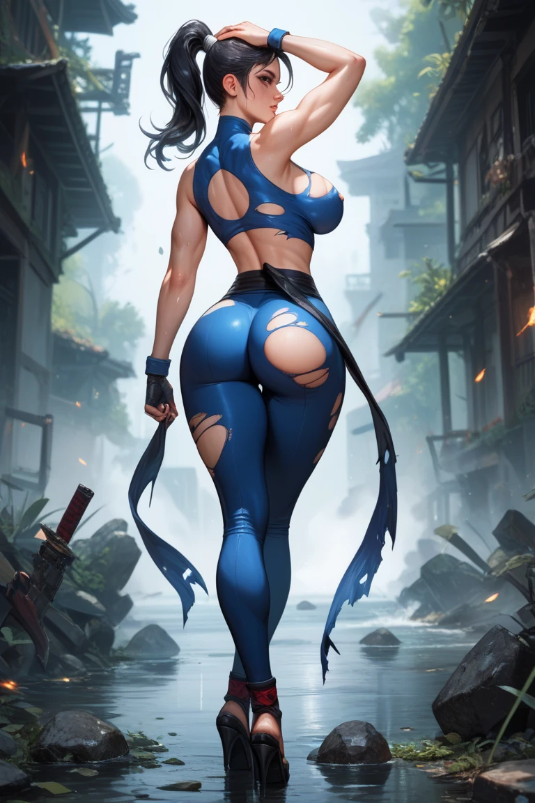 (masterpiece, best quality, cinematic, photorealistic, ultra-detailed), (1girl, female ninja), sexy body, (wide shot, from behind:1.5), perfect hands, wide hips, (bursting breasts, large cleavage:1.3), round ass, (wearing kunoichi dress, a black ensemble consisting of a tunic, tabi socks, hakama skirts, and arm guards, ninja mask and ninja hood, with blue highlights:1.5), (spiky and messy short blue hair, brown eyes), (seductive pose, leaning:1.4), (detailed eyes, detailed pupils), (naked), (night, full moon)