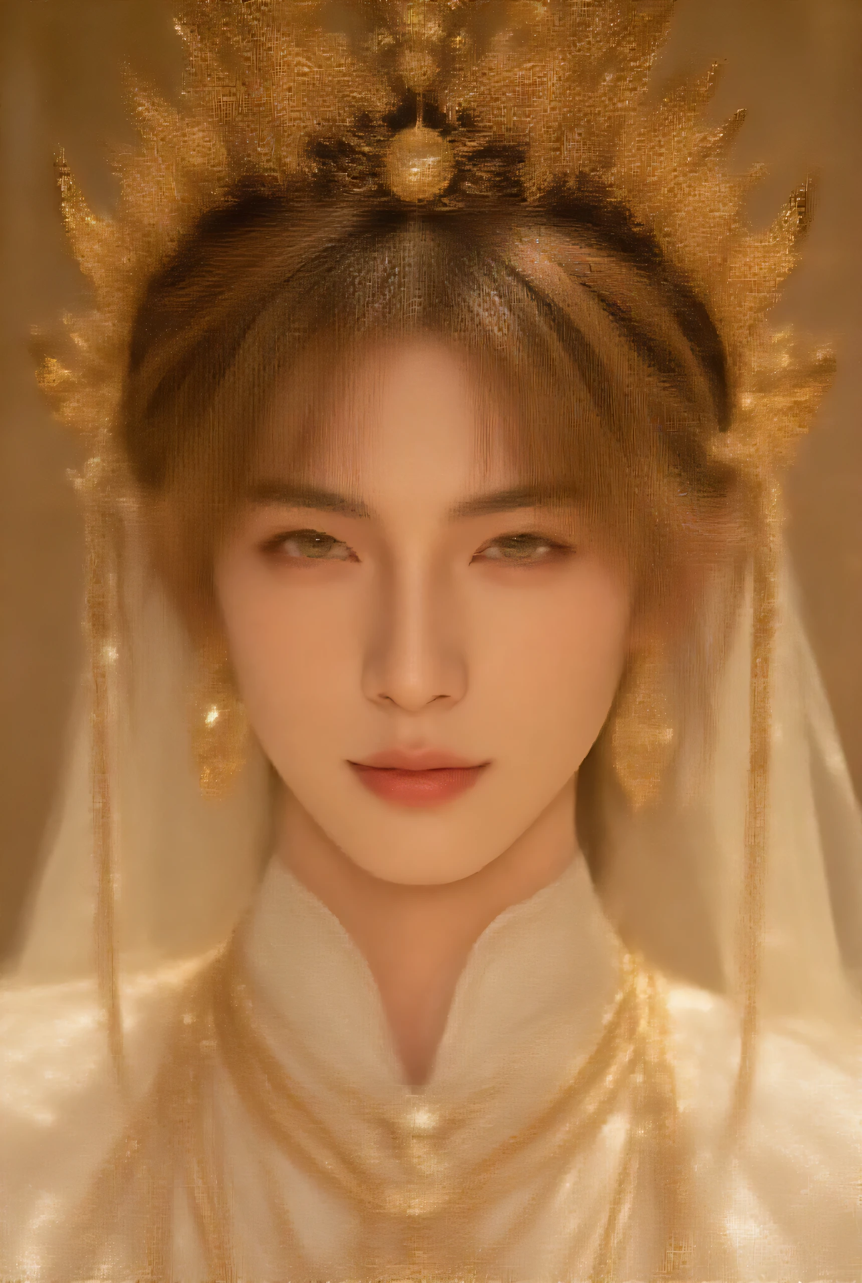 The person with gold-dyed hair、Golden Eye((The Golden-Eyed Prince))A beautiful man with a very thin, smooth chin((Bob cut at both ends with bangs and long hair at the back))The most beautiful male prince smiles((very, very large golden creases))Accurate and beautiful face (, a 25-year-old man with beautiful, smooth, silky skin1is the Japanese prince of the Sun God)A very luxurious and large crown in the shape of the sun、gold crown、very luxurious large earrings((A fantasy costume of a god with a white luxurious and detailed pattern))Very Luxurious Large Necklaces、Very Luxurious Bangles(Prince of royalty who closes his mouth)Look at Viewer(dynamic pose)The beautiful son of the Japanese Sun God、real fantasy movie style