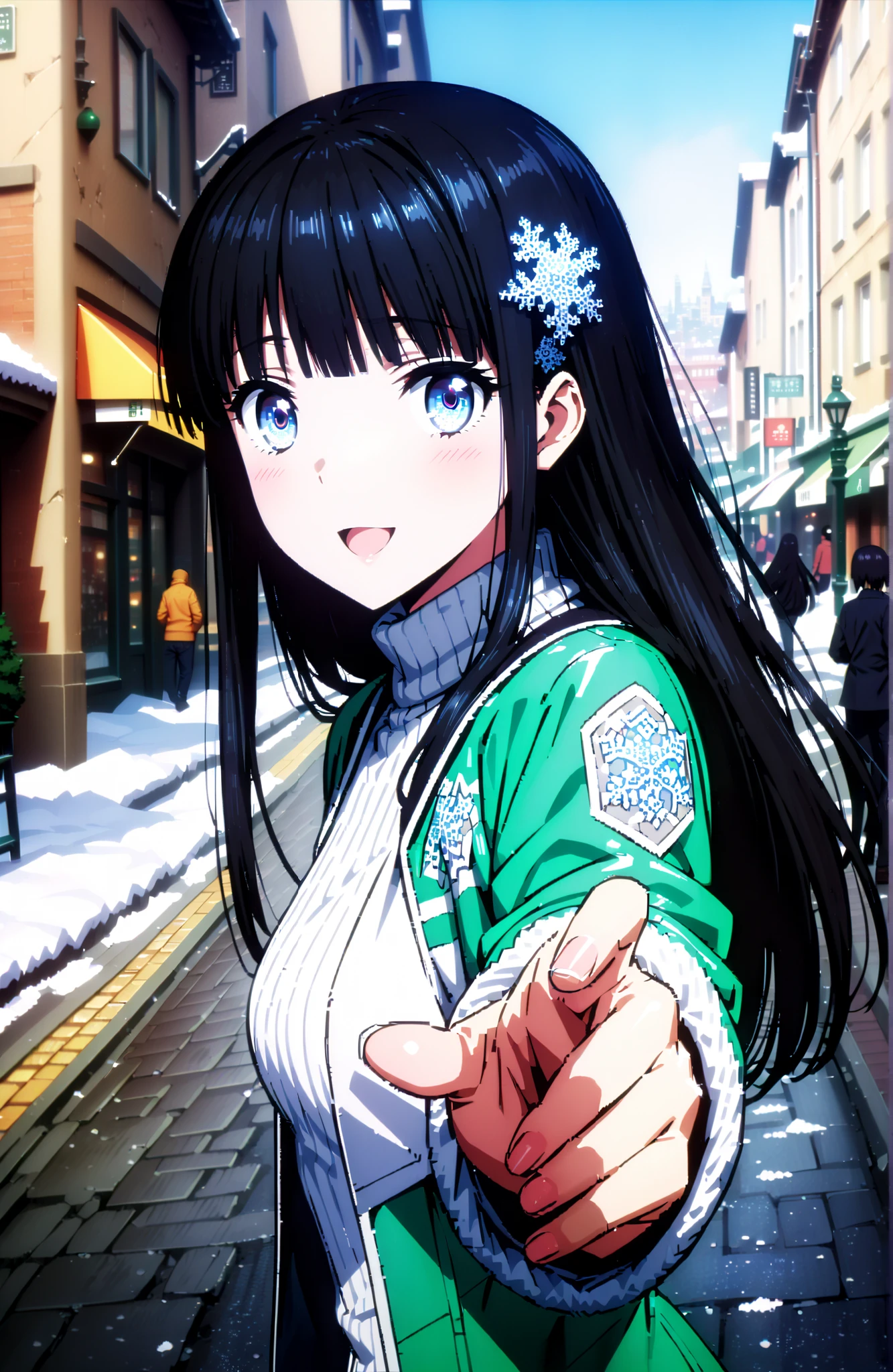 Miyuki Shiba, long hair, blue eyes, black hair, hair ornament, ribbon, hair ribbon, snowflake hair ornament, bungs, blunt bungs,smile,blush,open your mouth,Long jacket,TURTLENECK SWEATER,Long denim,Short heel boots,White handbag,noon,winter,snow,standing, Beautiful Streetscapes,building,full bodyがイラストに入るように,break looking at viewer,full body,
break outdoors, City,
break (masterpiece:1.2), best quality, high resolution, Unity 8Kの壁紙, ( illustration :0.8), (beautiful detailed eyes:1.6), Highly Detailed Face, perfect lighting, Highly Detailed CG, (perfect hand in h, perfect anatomy),